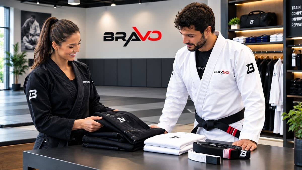 Bravo team folding custom black and white BJJ gis in the Bravo showroom